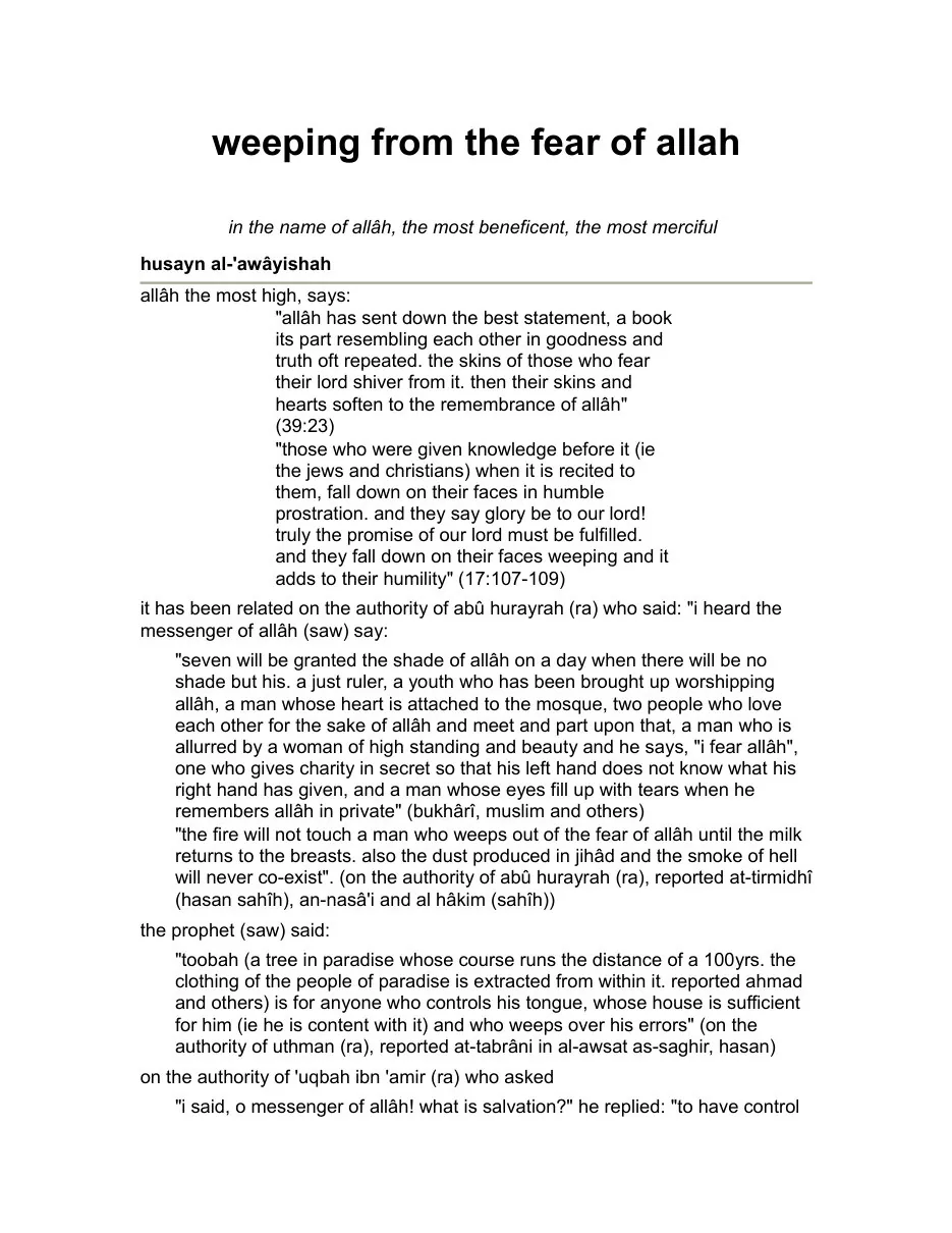 Weeping From the Fear of Allah (swt), A spiritual book on the significance of sincere fear and humility before Allah preview 4